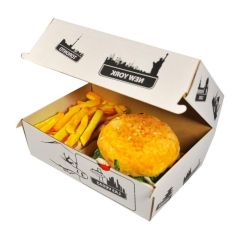 Krabica na hamburger + hranolky - biela farba s motívom -19x13x11 cm (50ks) Krabica na hamburger + hranolky - biela farba s motívom -19x13x11 cm (50ks)