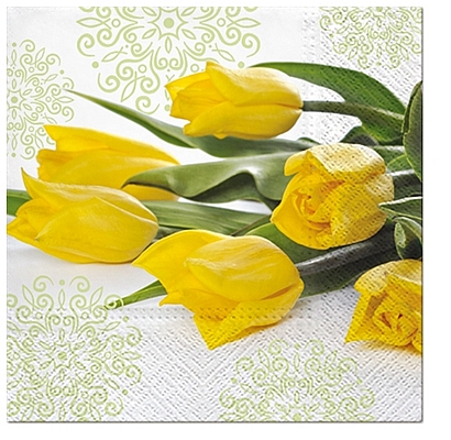 Papierové servítky s motívom veselých jarných žltých tulipánov